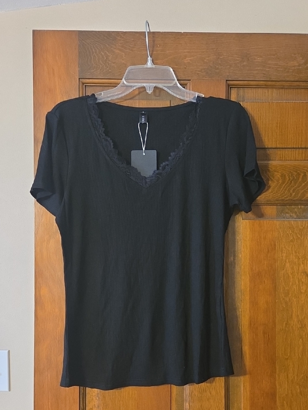 Lux Black Lace-Trim V-Neck Short Sleeve Tee ( Runs Small!)